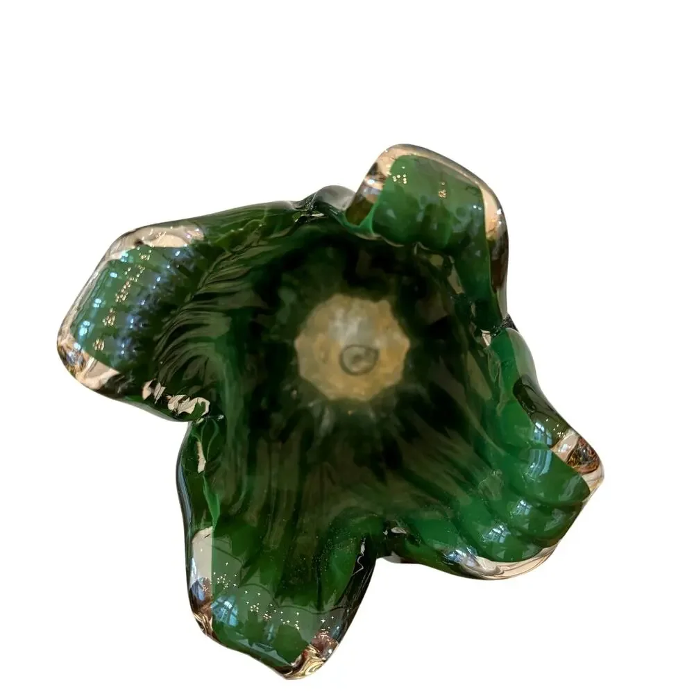 Italian Hand Blown Murano Art Glass Green Tulip Candle Holder Amber Stem 13